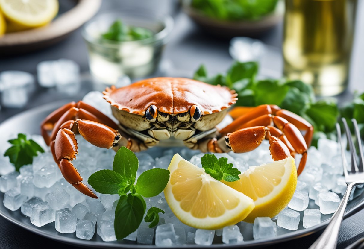 A crab lying on a bed of ice, surrounded by lemon wedges and fresh herbs, with a small dish of melted butter on the side