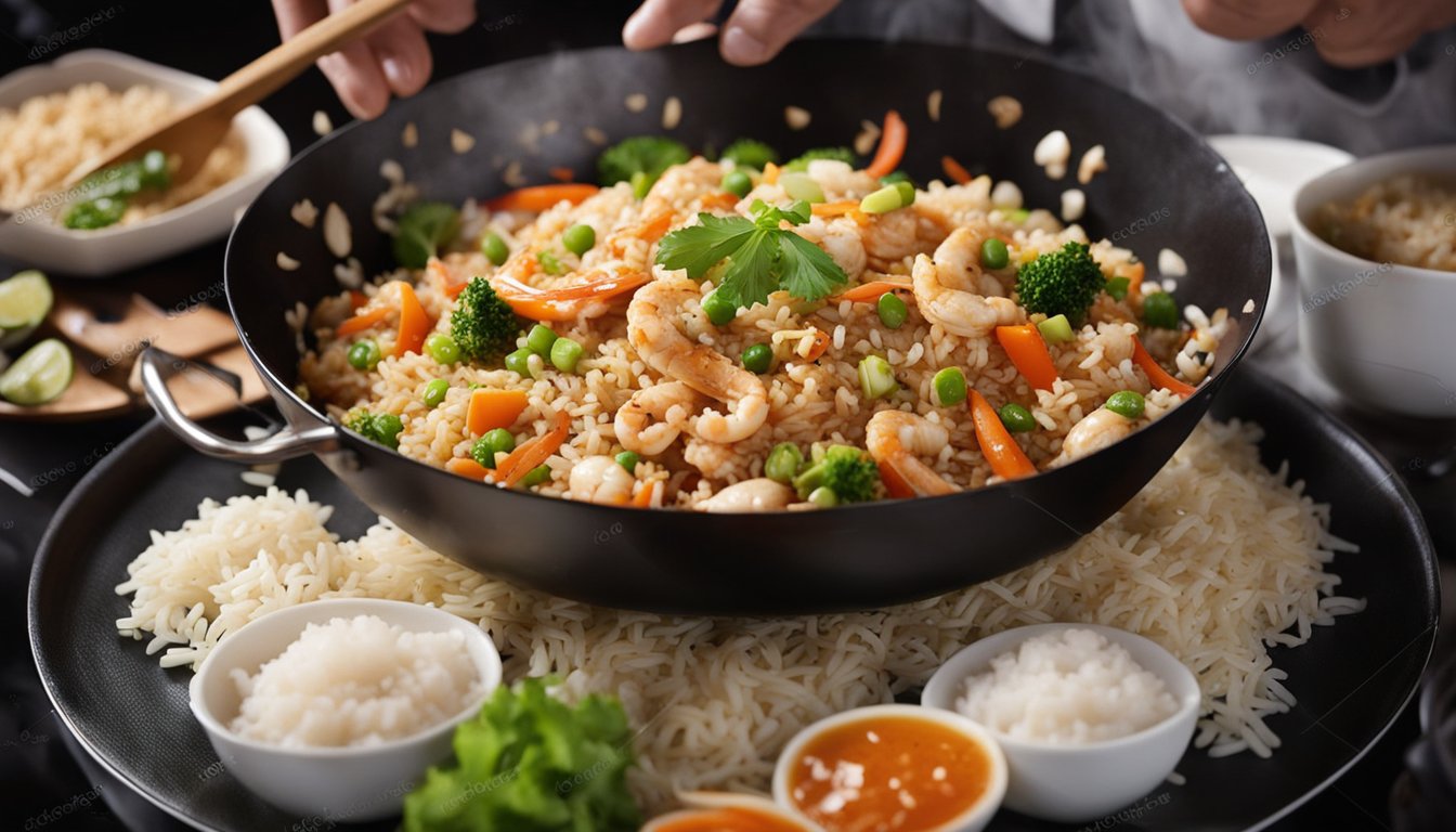 A sizzling wok tosses chunks of crab, rice, and vegetables in a fragrant mix of soy sauce and spices. Steam rises as the chef expertly stirs the ingredients, creating a mouthwatering Chinese crab fried rice