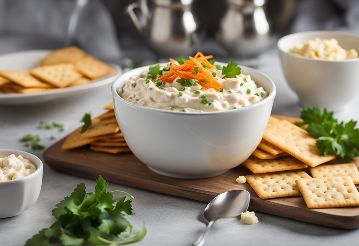 A bowl of creamy crab dip surrounded by fresh ingredients and a stack of crackers