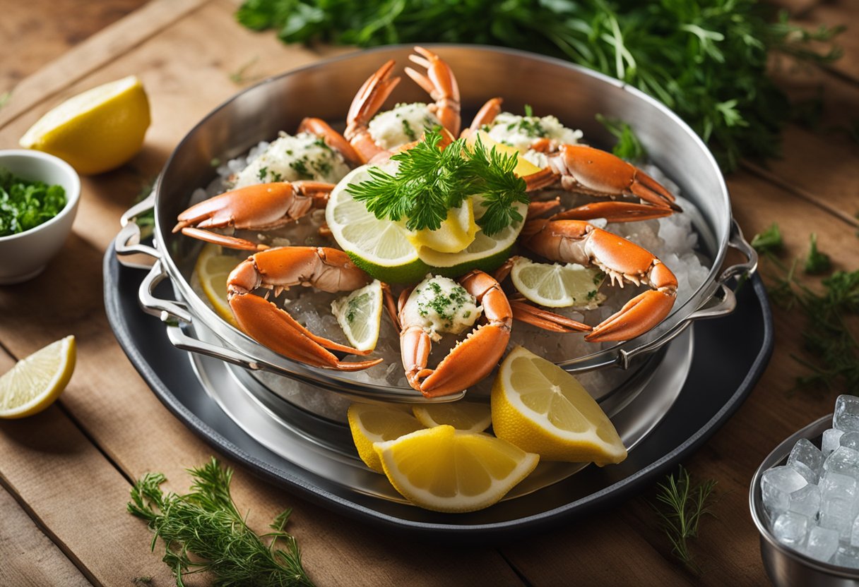 A platter of chilled crab with lemon wedges and fresh herbs, next to an ice bucket, on a wooden table