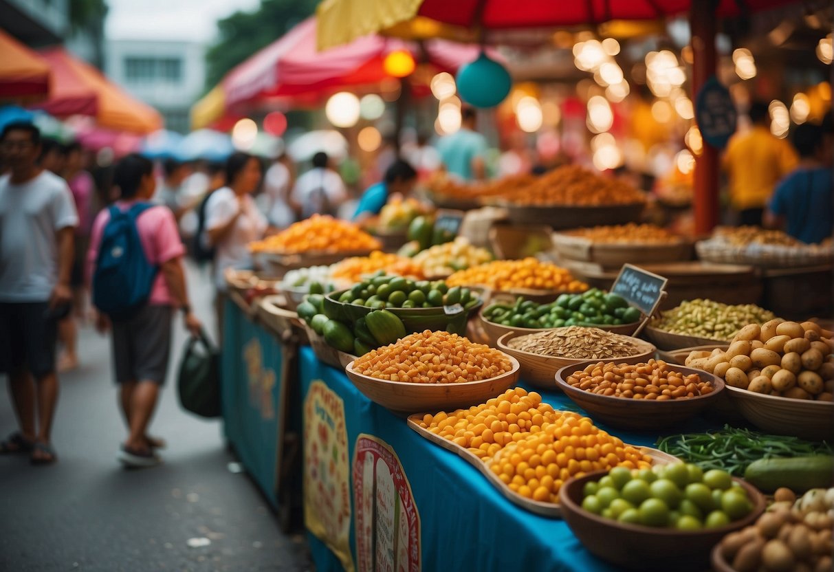 Colorful street market with vibrant displays of Penang culture in Singapore. Traditional food, music, and art draw in locals and tourists alike