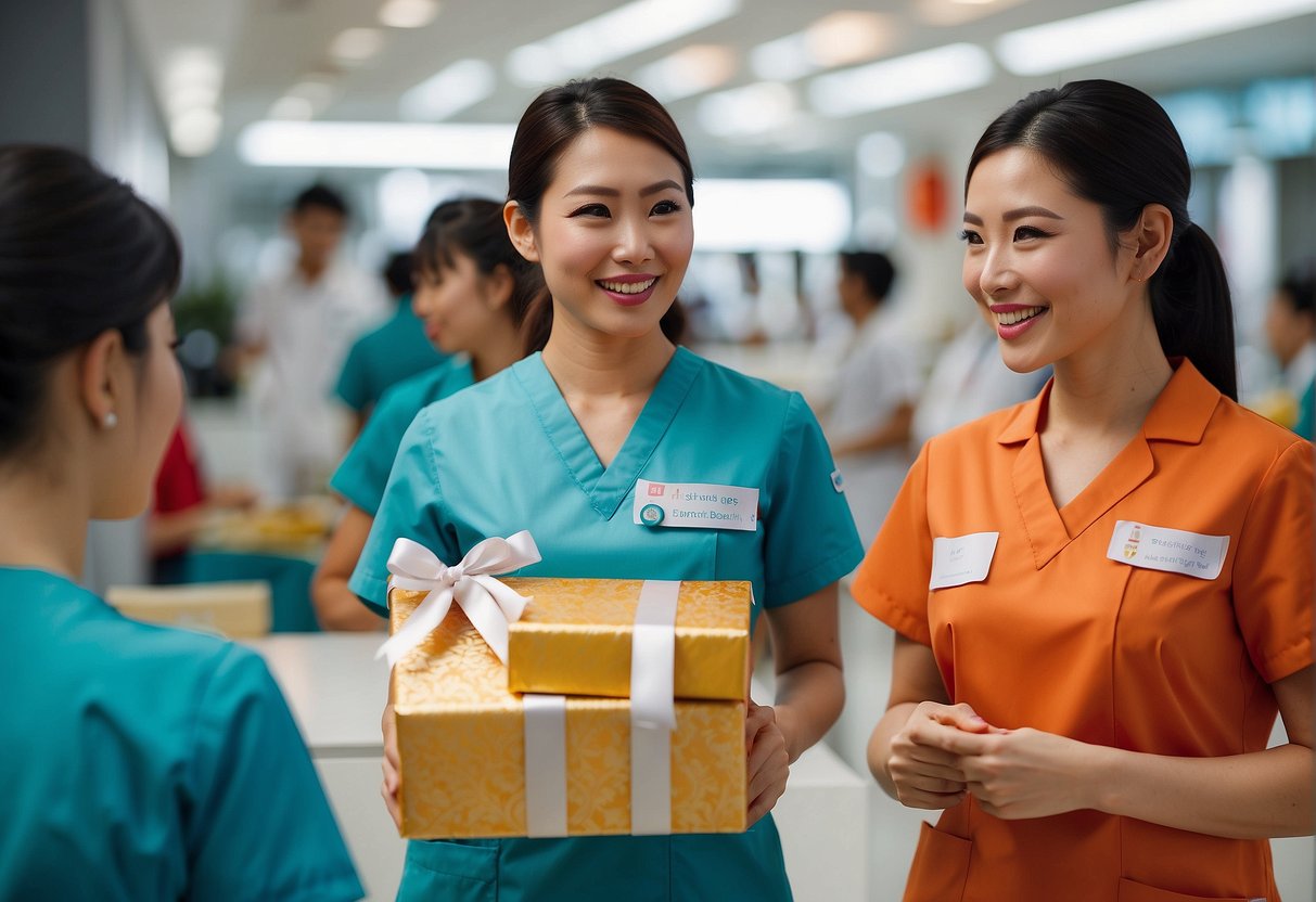 Nurses in colorful uniforms receive thank-you gifts and discounts at various Singapore shops and restaurants for Nurses Day promotions