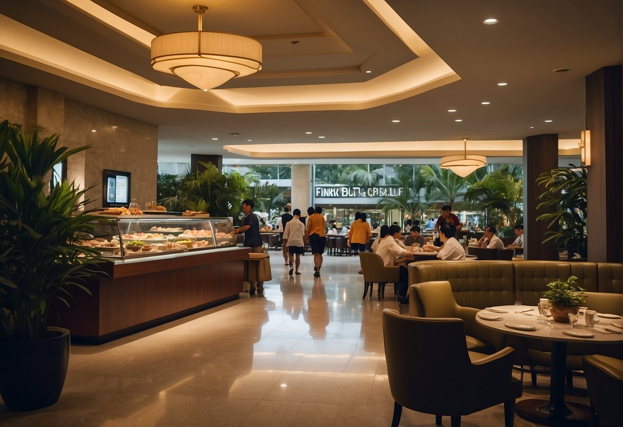 A bustling hotel lobby with a prominent sign advertising "Frequently Asked Questions" about the park royal hotel buffet promotions in Singapore. Tables are filled with guests enjoying their meals while staff members attend to their needs