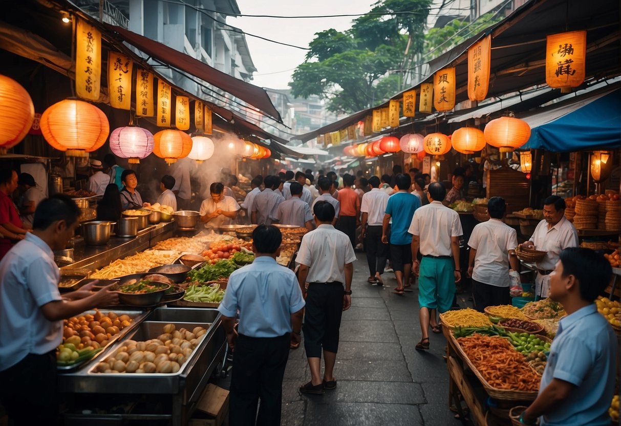 A bustling street market in Penang, filled with colorful banners and signs advertising the best food promotions. The aroma of sizzling street food fills the air as locals and tourists alike explore the vibrant culinary scene
