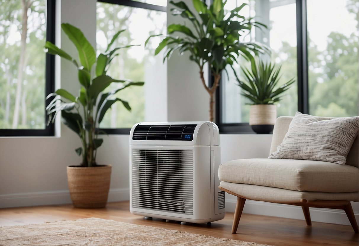 A modern, sleek HVAC system hums quietly in a bright, airy room, surrounded by energy-saving features like smart thermostats and efficient air filters