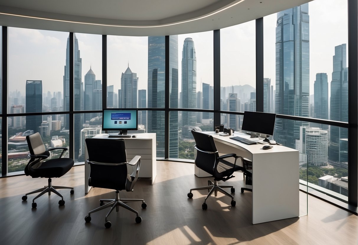 Brightly lit office space with sleek, modern desks displaying "Omnidesk" promotional materials. Singapore skyline visible through large windows