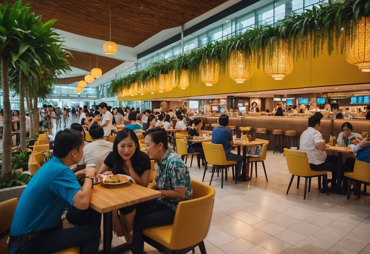 A bustling food court at Jewel Changi Airport showcases Penang culture with vibrant promotions and Singaporean culinary delights
