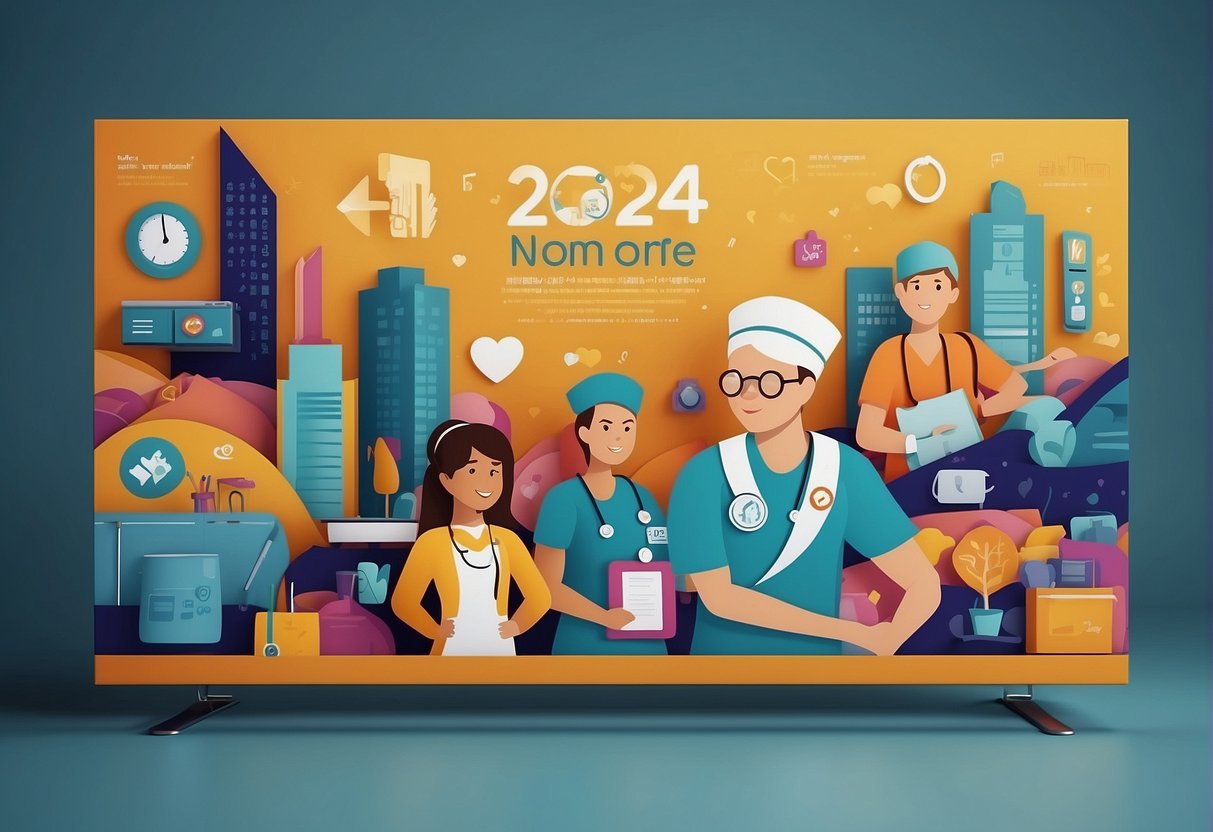A colorful banner with "2024 Nurses Day Promotions" displayed prominently, surrounded by various medical symbols and icons