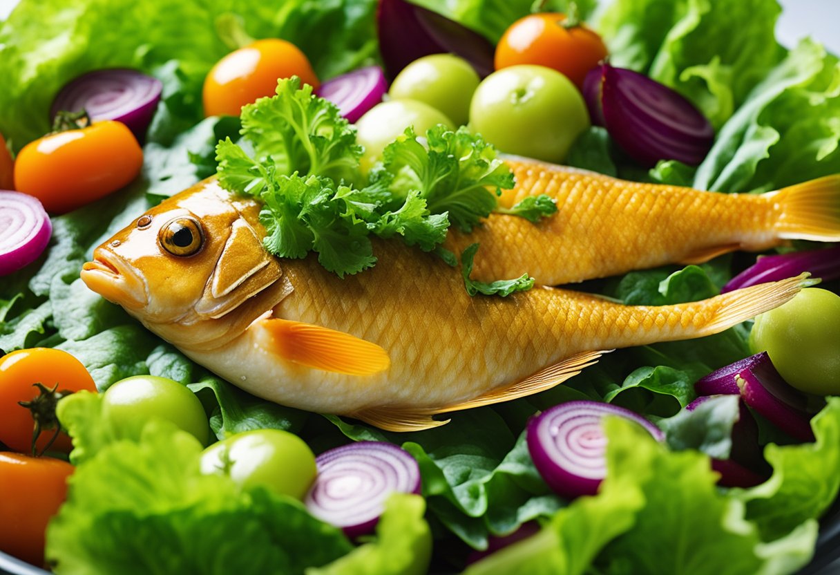 A golden-brown fish lies on a bed of vibrant green lettuce, surrounded by colorful vegetables and drizzled with a savory sauce