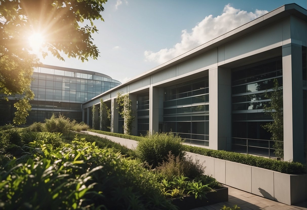 A modern building with energy-efficient HVAC systems, surrounded by clean air and greenery, while saving money on energy bills