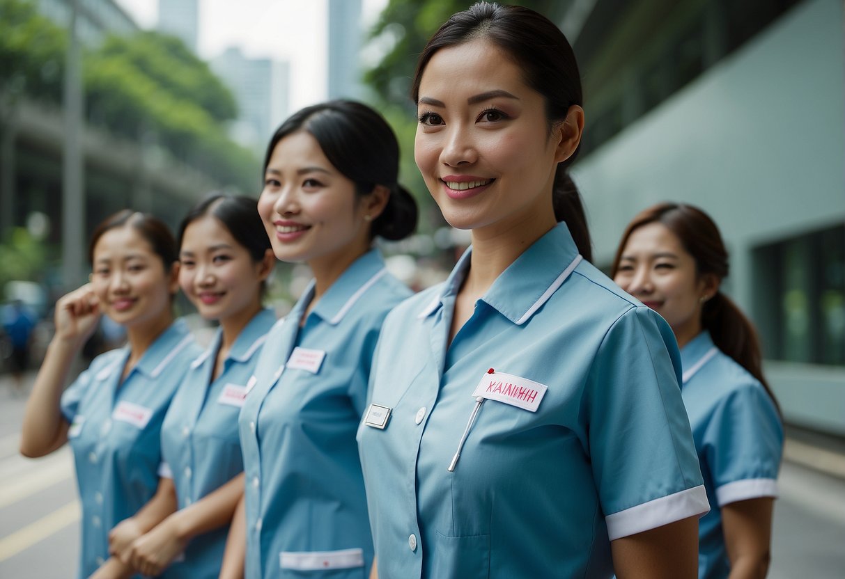 A group of nurses in uniform, surrounded by promotional materials, celebrate Nurses Day in Singapore
