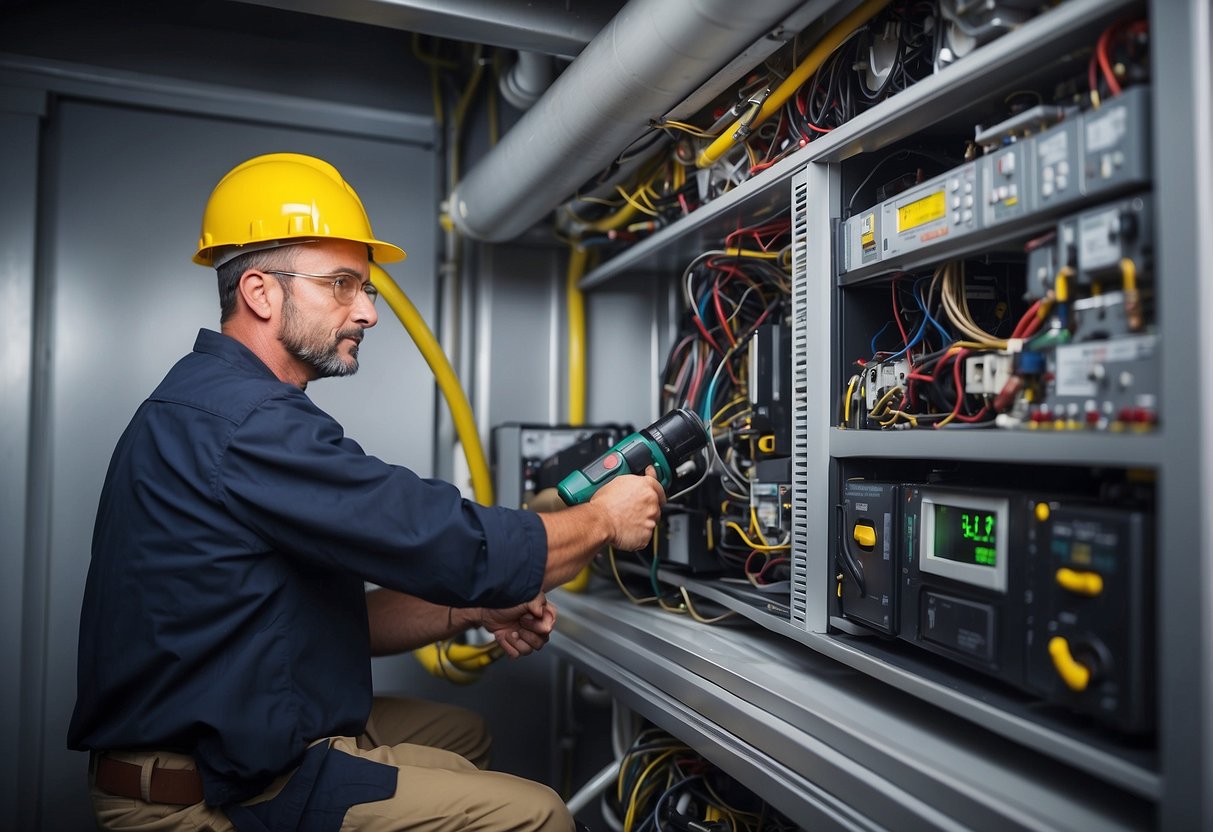 A technician installs an energy-efficient HVAC system, surrounded by tools and equipment. The system is shown lowering energy costs and reducing environmental impact