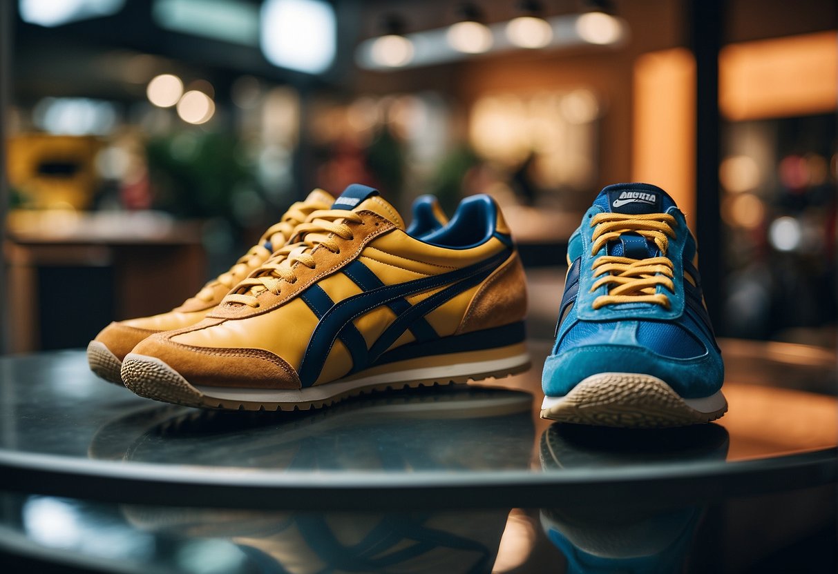 A display of Onitsuka Tiger shoes and promotional materials in a vibrant Singaporean storefront