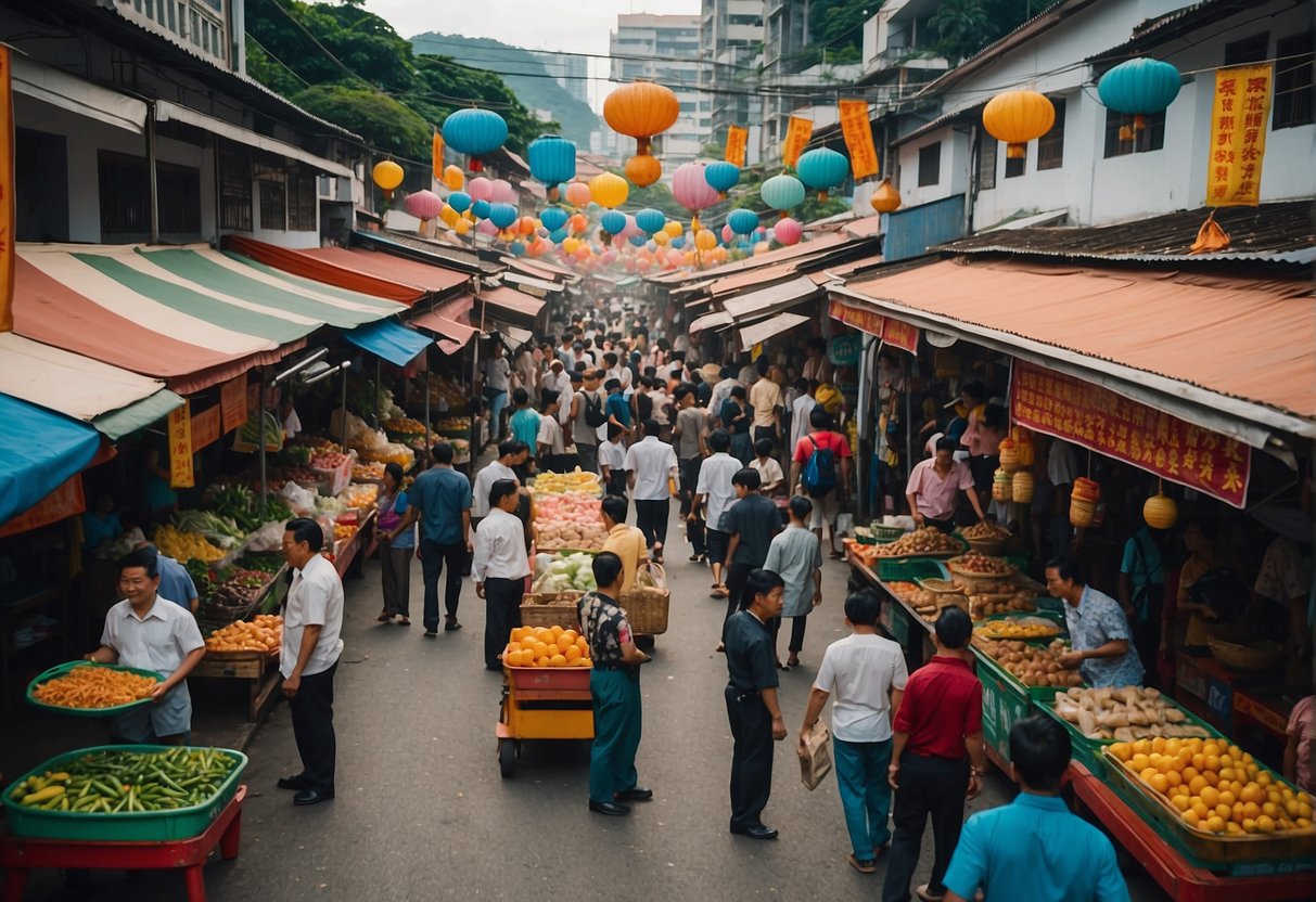 A bustling street market in Penang, Malaysia, with colorful banners promoting cultural events and festivals in Singapore