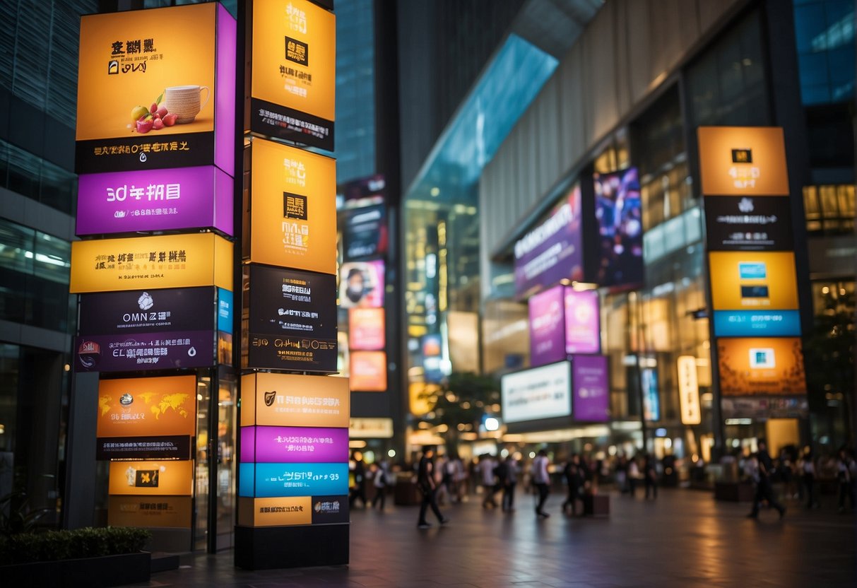 A vibrant display of colorful banners and signs promoting the latest exciting promotions for Omnidesk in Singapore