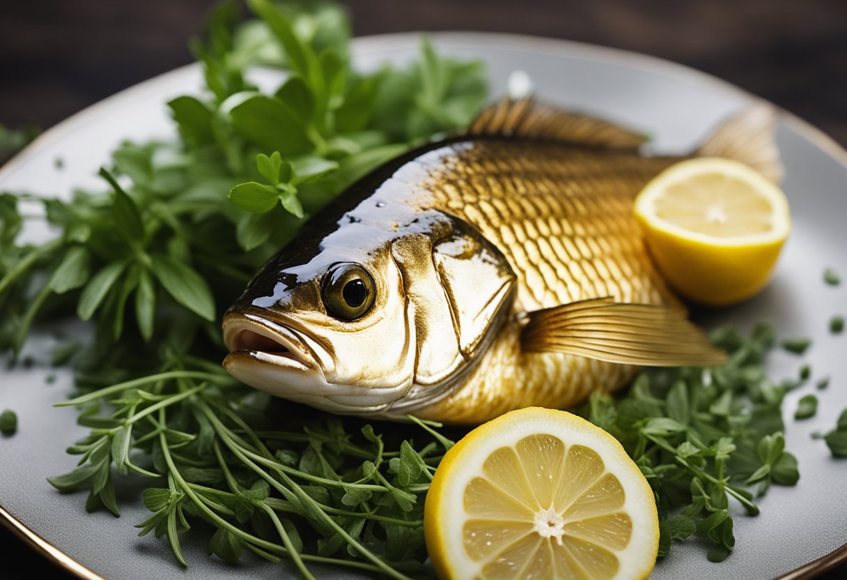 A golden-brown fish lies on a bed of fresh herbs, surrounded by lemon wedges and a sprinkle of sea salt