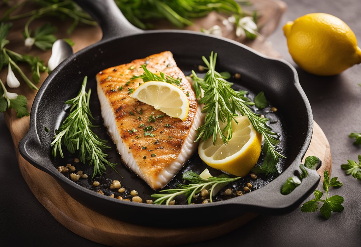 A sizzling fish fillet on a hot skillet, steam rising, with a side of lemon and herbs