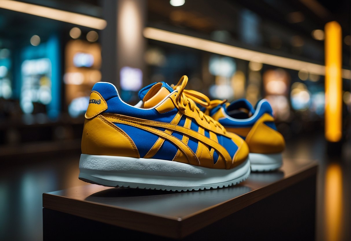 A display of Onitsuka Tiger footwear innovations, featuring sleek designs and advanced technology, showcased in a vibrant Singapore setting