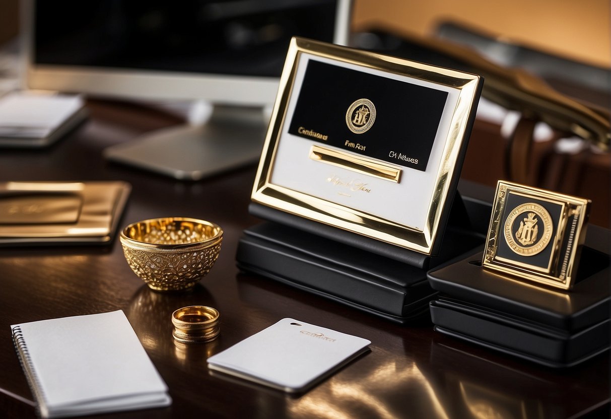 A luxurious desk with a golden emblem, surrounded by elegant office supplies and a sleek computer, showcasing exclusive cardmember privileges