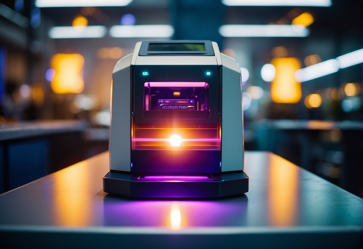 A laser machine emitting beams in a vibrant promotional setting in Singapore