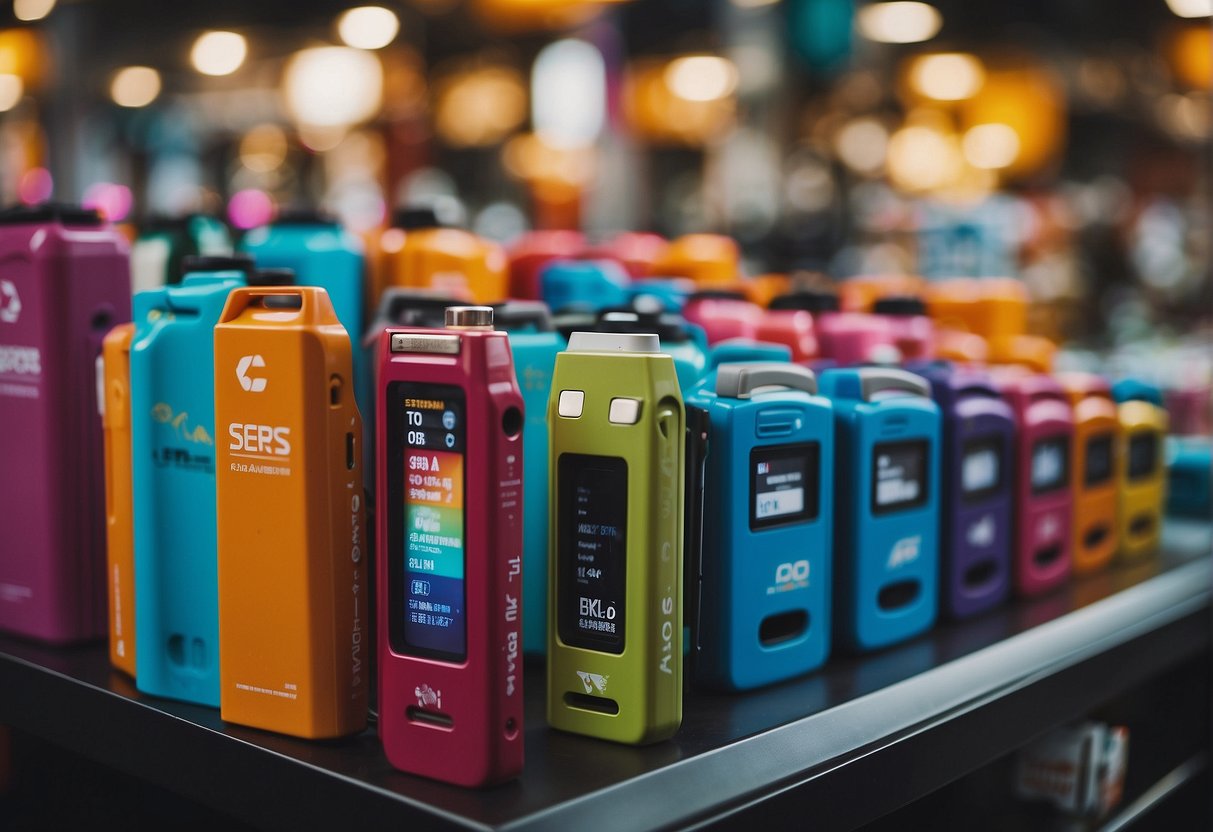 A colorful and vibrant display of promotional products, with logos and branding, set up in a bustling market in Singapore