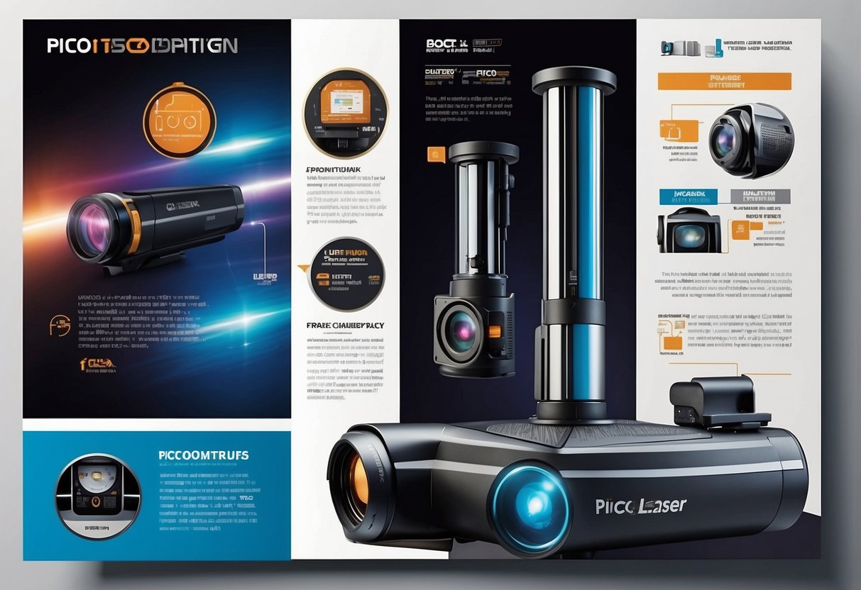 A vibrant promotional poster showcasing pico laser equipment with bold text and eye-catching graphics