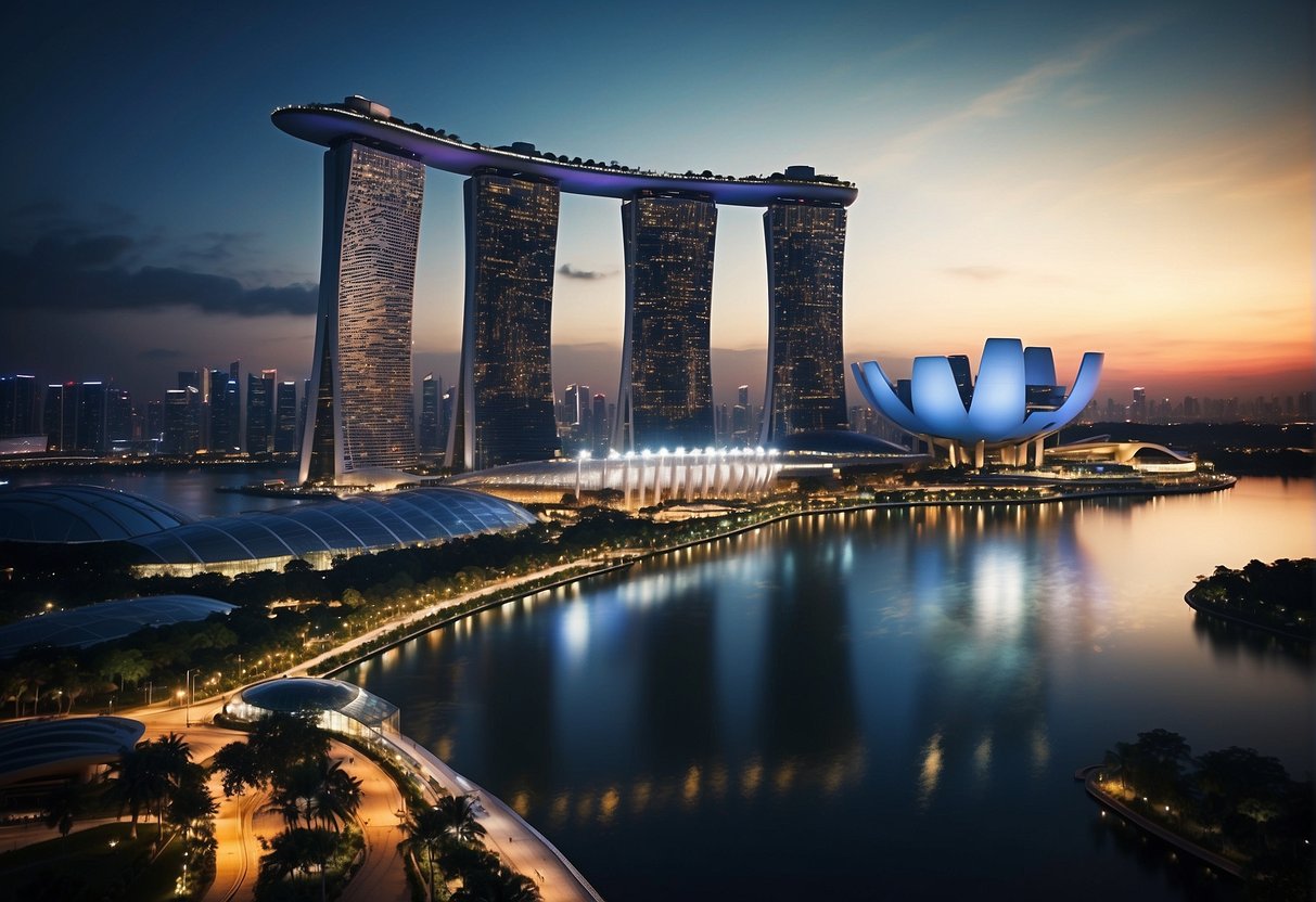 A vibrant cityscape with a futuristic skyline of Singapore in 2024, featuring the iconic Marina Bay Sands and other prominent landmarks