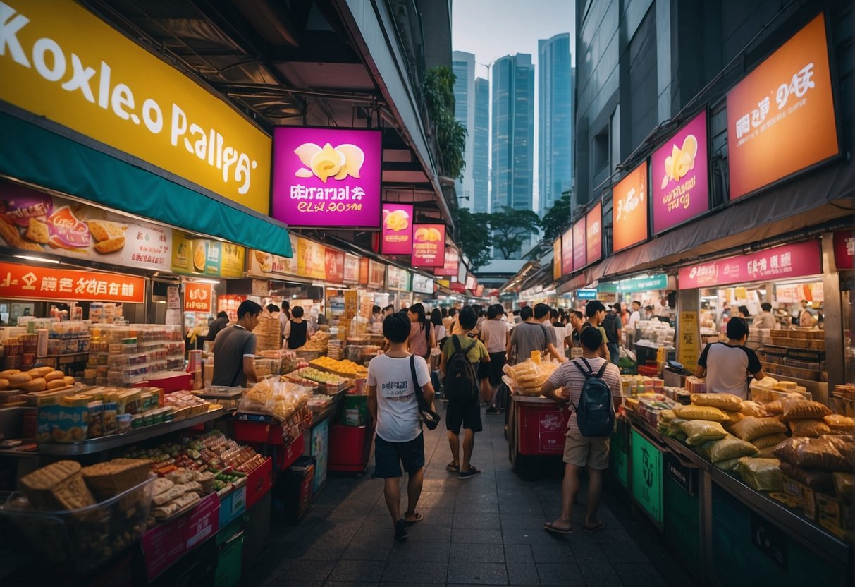 Colorful banners and signs promoting products and services in a busy Singapore market
