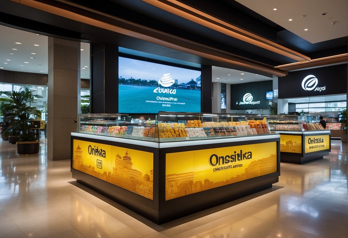 Iconic promotions at Jewel Changi Airport featuring Onitsuka Tiger Singapore. Displayed products and signage with vibrant colors and sleek design