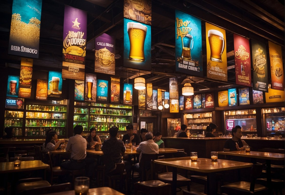Colorful beer banners hang above a bustling Singapore bar, with happy customers enjoying special promotions