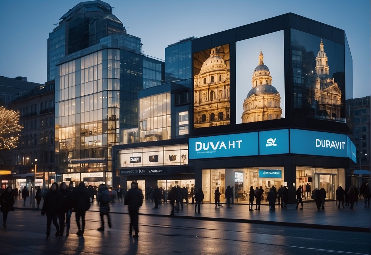 A bustling city street with Duravit promotions displayed on shop windows and billboards, surrounded by modern architecture and vibrant urban life