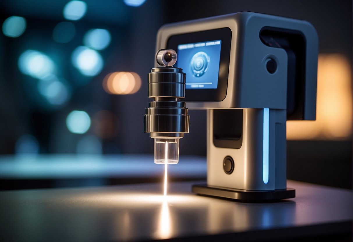 A pico laser machine emits pulses of light, targeting skin imperfections. The device is operated by a technician in a clinical setting