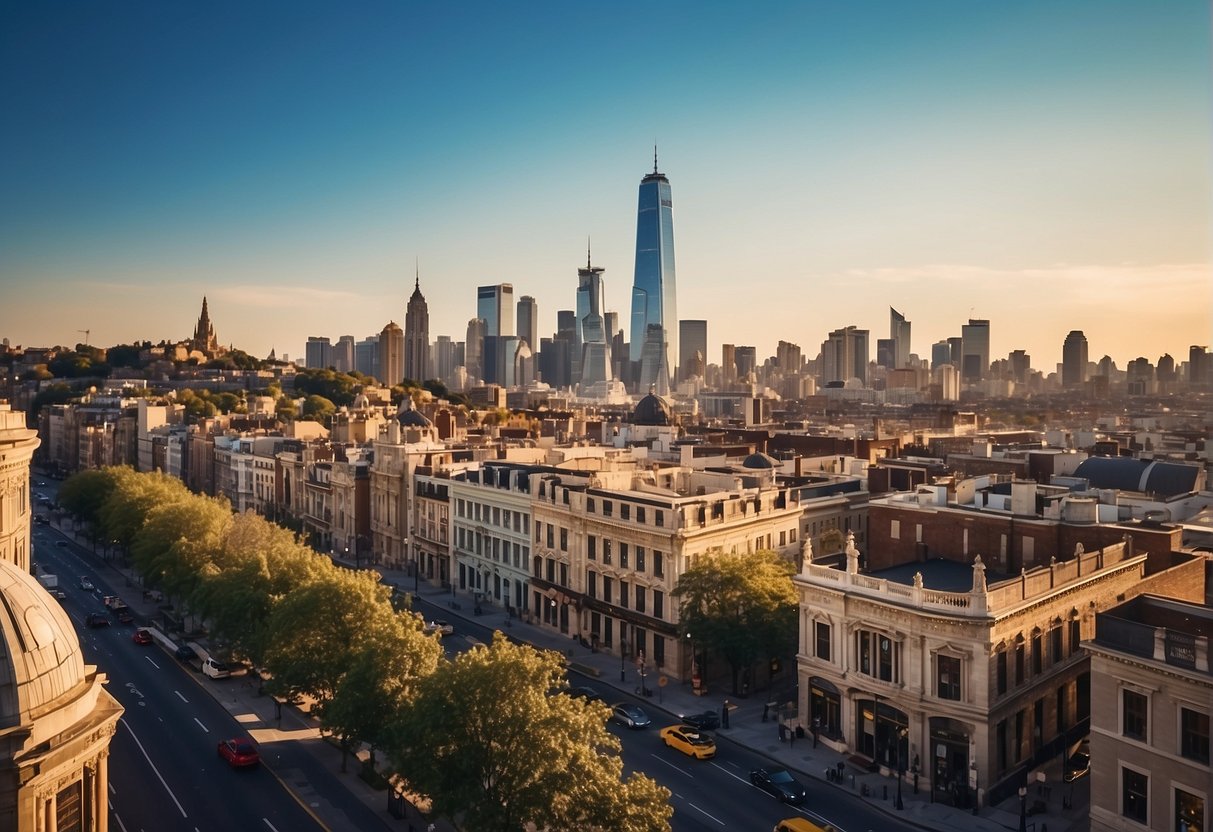 A vibrant cityscape with iconic landmarks, bustling streets, and a mix of modern and traditional architecture, all under a clear blue sky