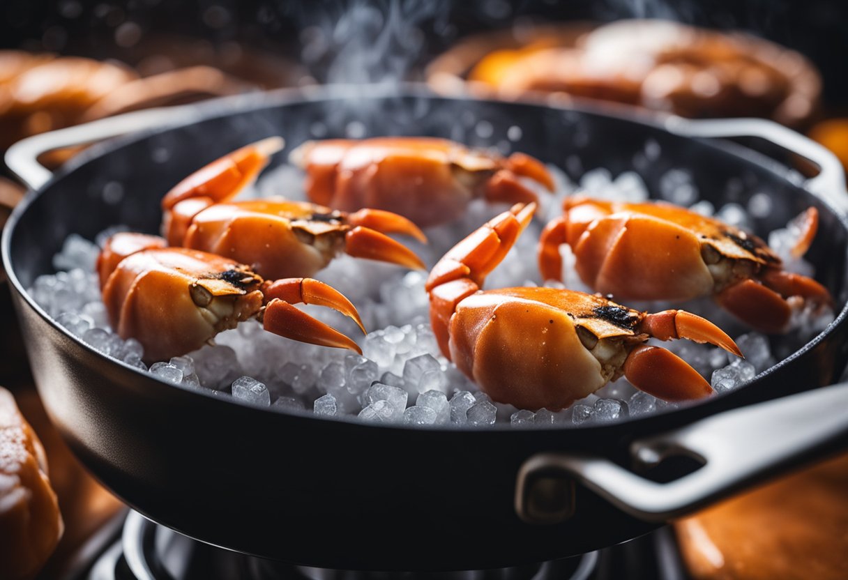 Crab claws sizzle in a hot pan, steam rising as they cook. Ice crystals melt, revealing tender, succulent meat inside