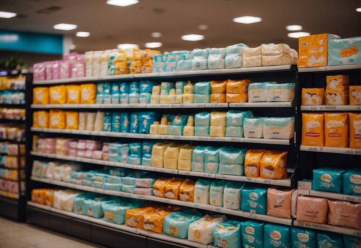 A colorful display of various baby diaper brands with promotional signs and discounts at a Singaporean store