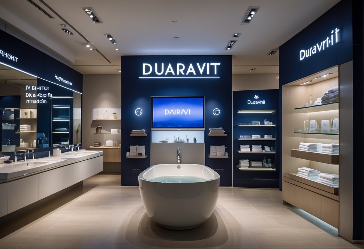 A display of Duravit promotions in a sleek Singapore showroom. Brightly lit, with prominent signage and product showcases