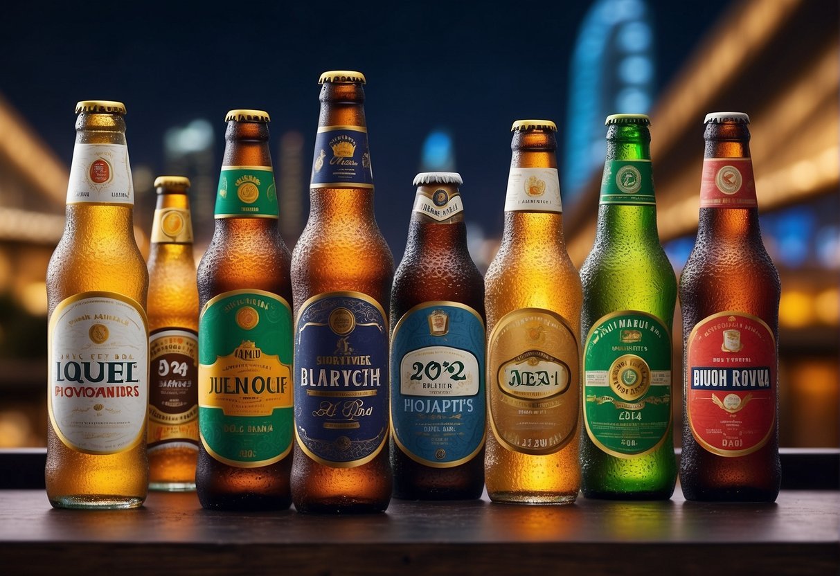 A vibrant display of 2024 beverage promotions, featuring various beer brands, set against the backdrop of the bustling city of Singapore