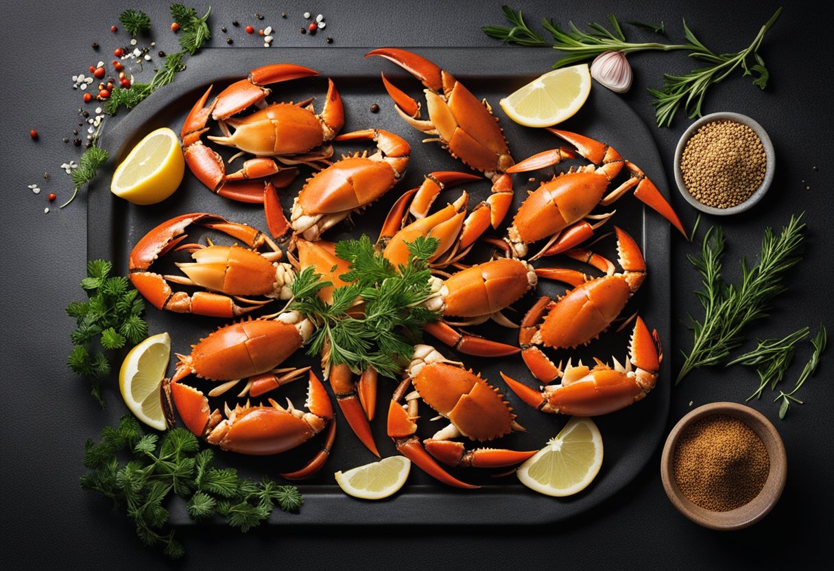Crab claws arranged on a baking sheet, surrounded by herbs and spices, ready for cooking