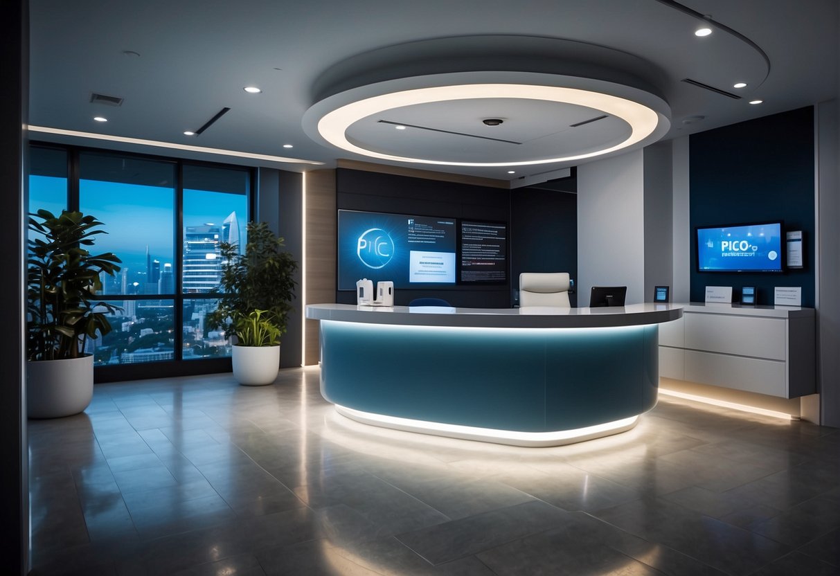A bright and modern clinic setting with a prominent "Frequently Asked Questions" display for Pico laser promotions in Singapore