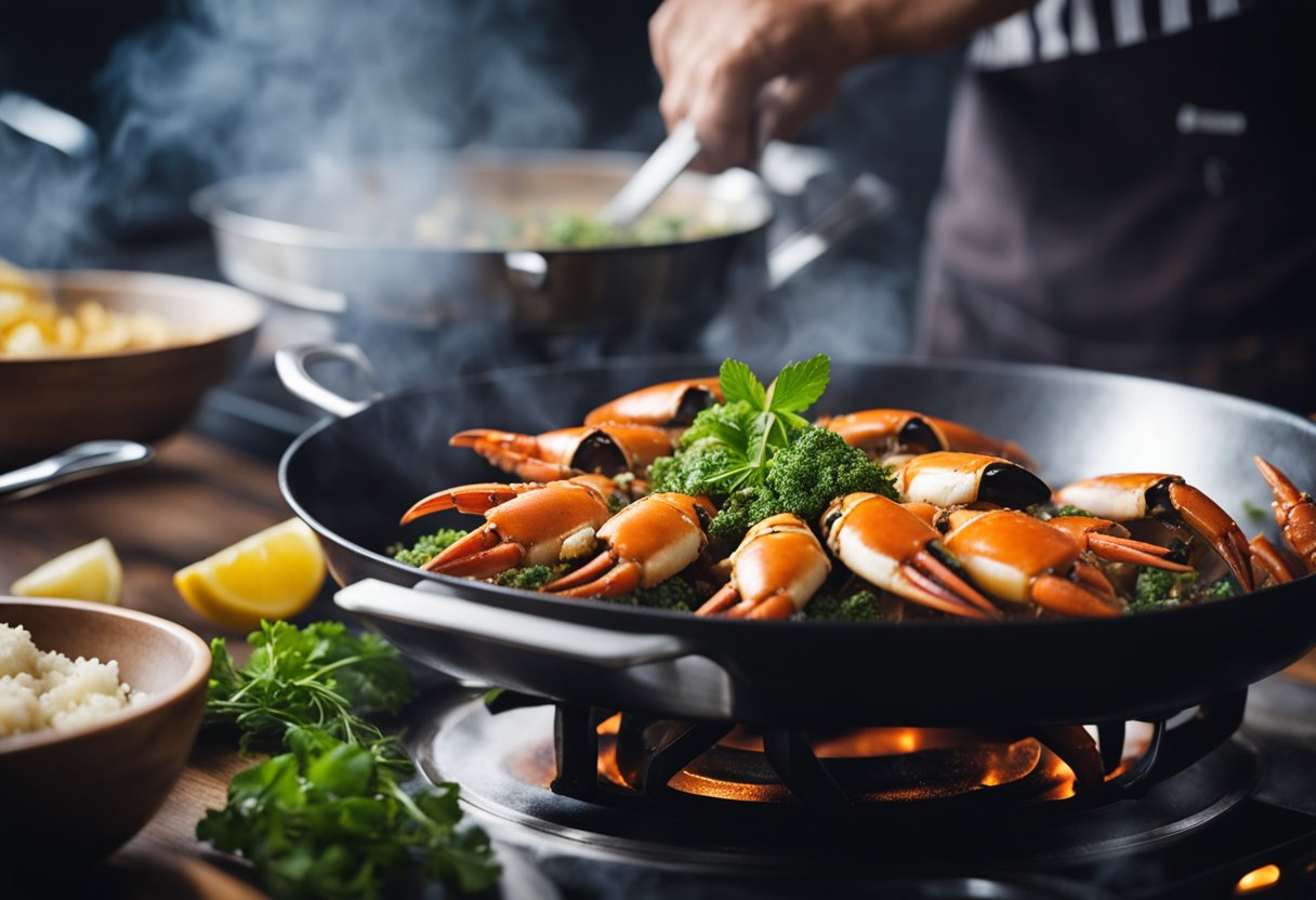 Crab claws sizzle in a hot pan, steam rising. A chef places them on a platter, garnishing with herbs
