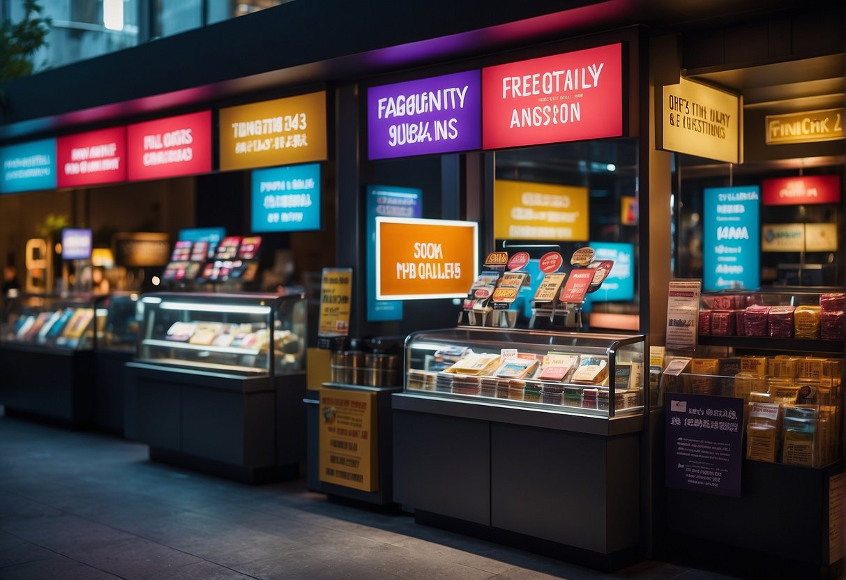 A colorful display of "Frequently Asked Questions" signs and promotional materials in Singapore