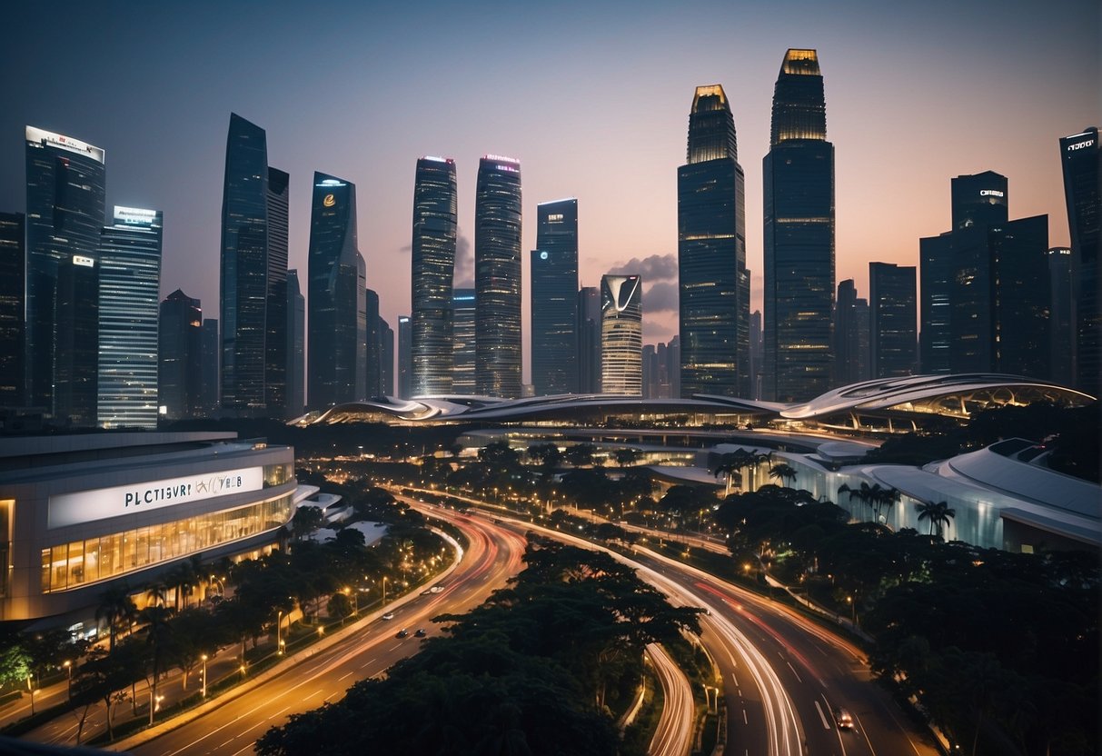 A sleek, modern cityscape with prominent "Exclusive Offers for 2024" signage and bustling promotional activity in Singapore