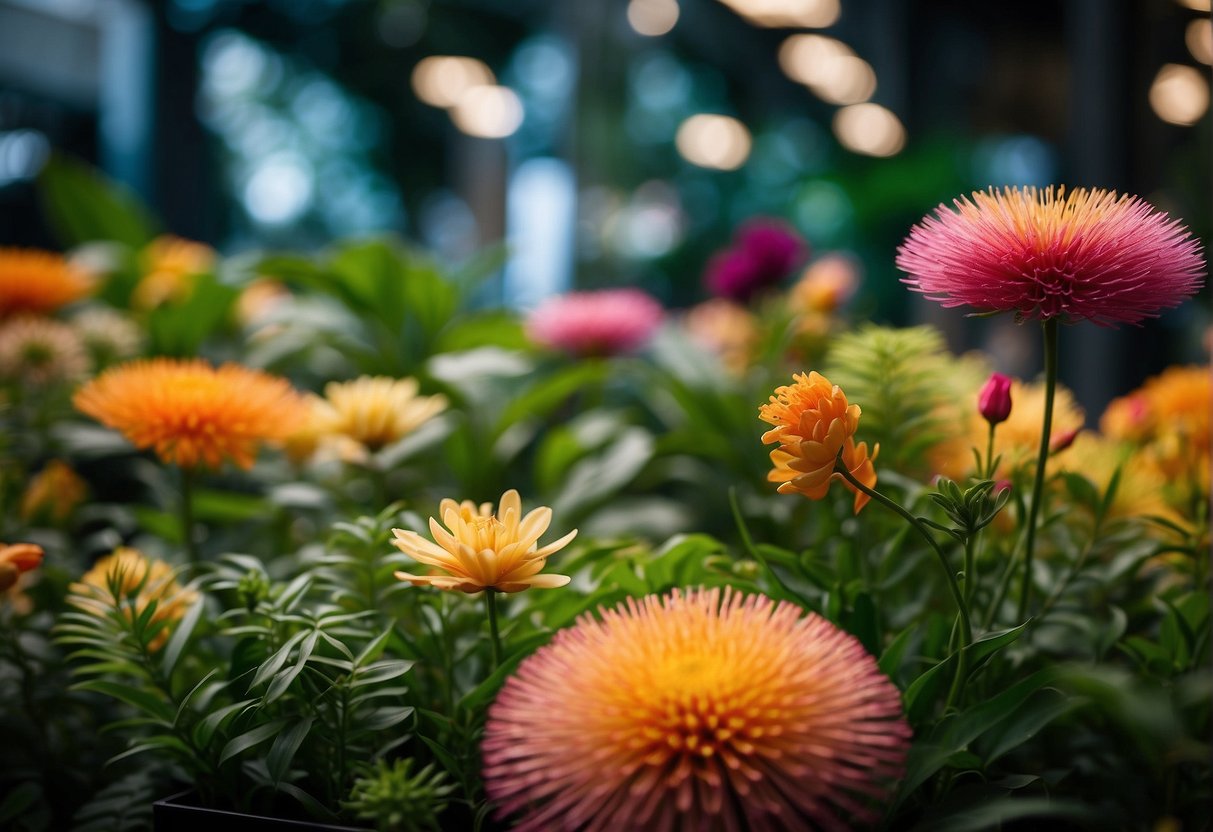 Vibrant Singaporean flora arranged in a promotional display at Far East. Lush greenery and colorful flowers fill the scene, creating an inviting and immersive atmosphere