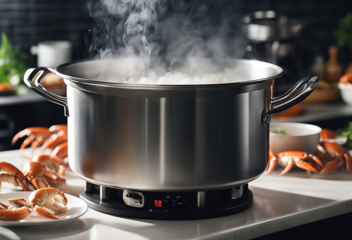 A pot of boiling water with frozen crab claws being dropped in. Steam rising, timer set, and a pair of tongs nearby