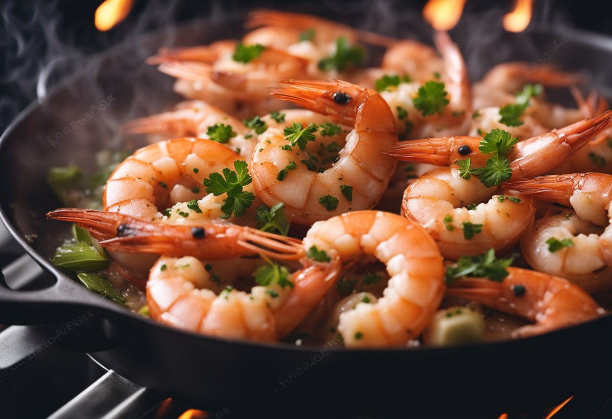 Prawns sizzle in a hot pan, releasing a mouthwatering aroma. Steam rises as they turn pink and curl, ready to be served