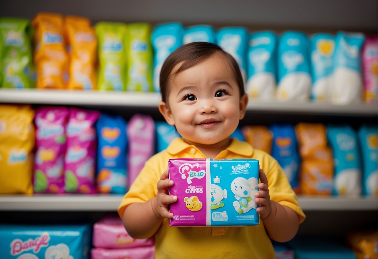 A toddler stands surrounded by various diaper brands, each with a promotional sign. Bright colors and happy cartoon characters adorn the packaging