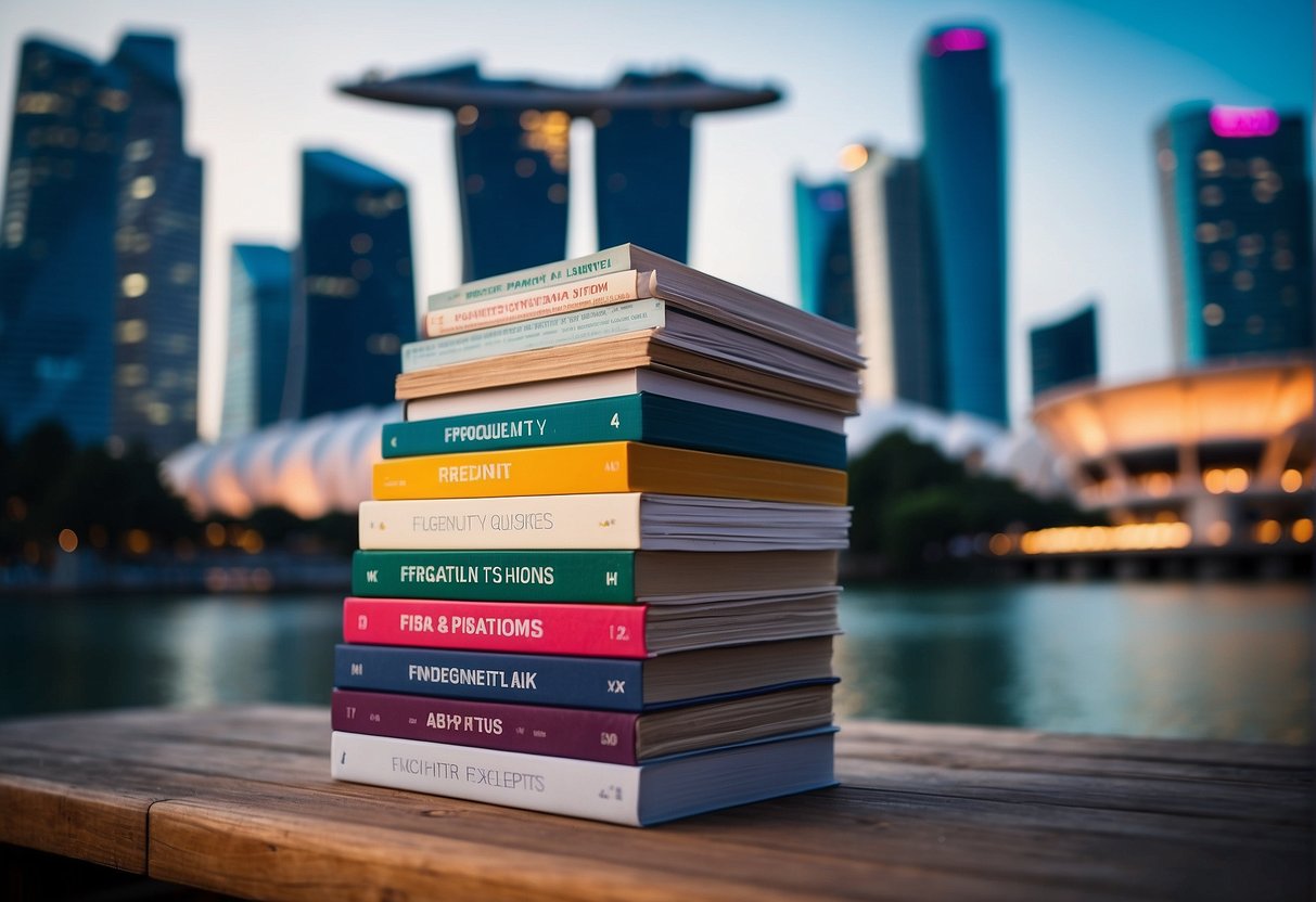 A stack of promotional materials with "Frequently Asked Questions" displayed prominently, set against a backdrop of iconic Singapore landmarks