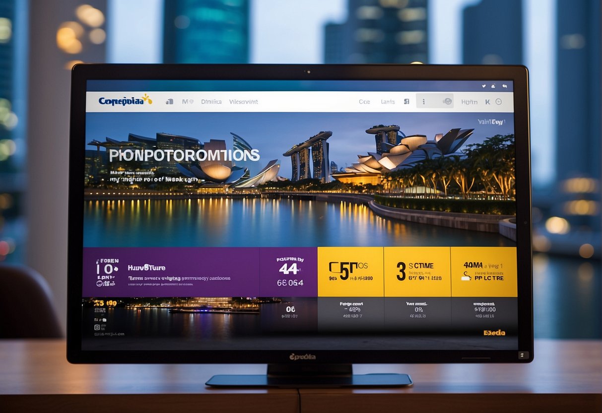 A computer screen displaying Expedia promotions with Singapore landmarks in the background