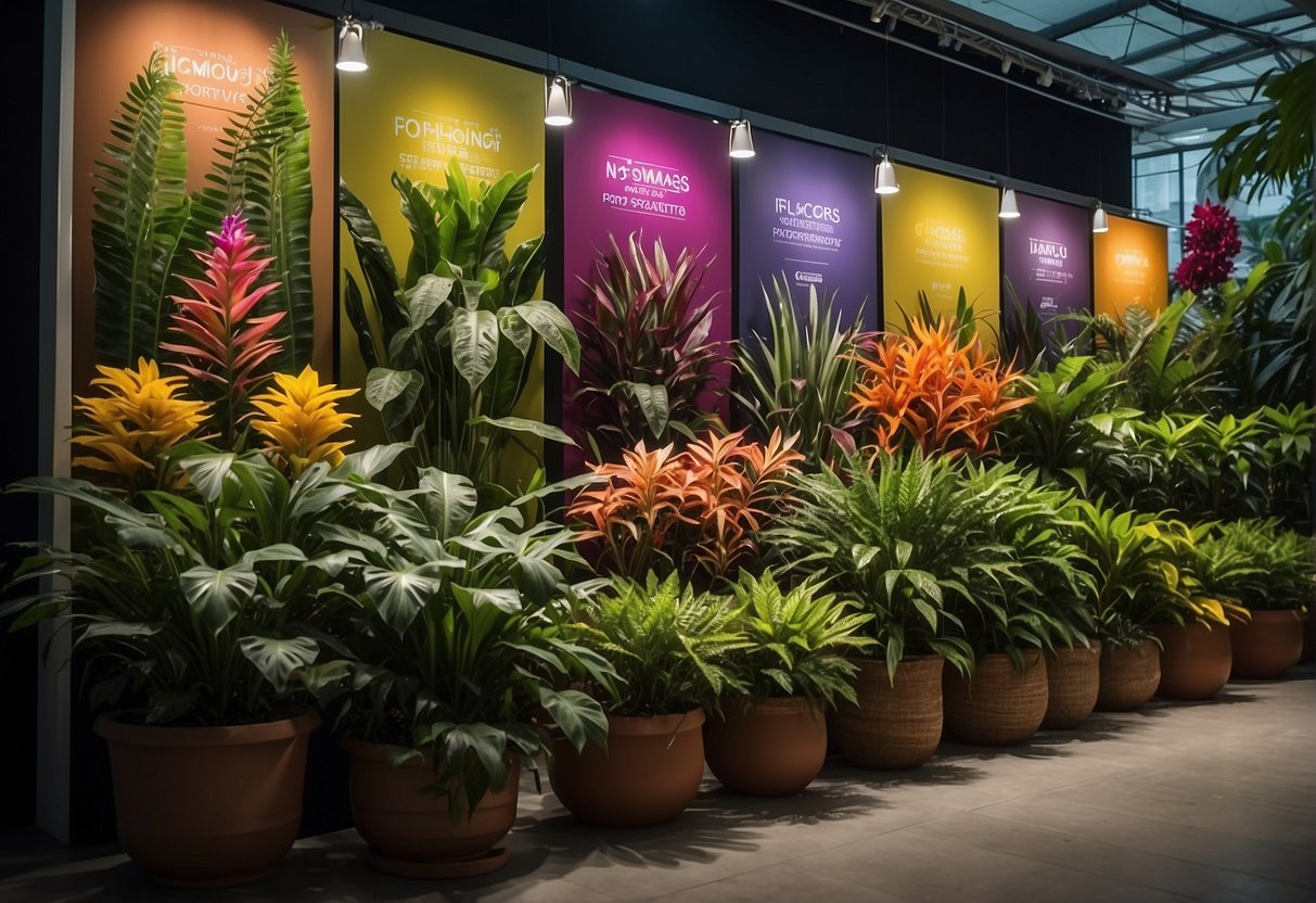 A colorful display of exotic plants at Far East Flora Promotions, Singapore. Bright banners and signs advertise the latest plant promotions