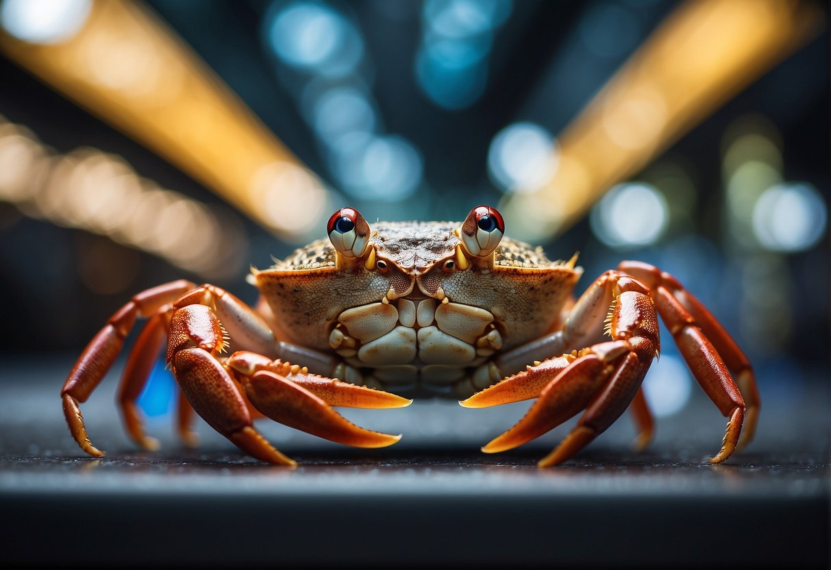 A crab wearing a halo, surrounded by promotional signs in Singapore